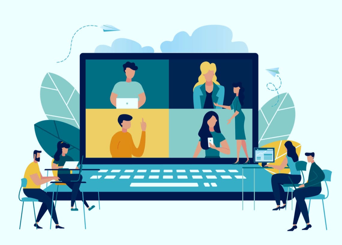 Illustration of zoom call talking to professionals in miniature