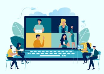 Illustration of zoom call talking to professionals in miniature