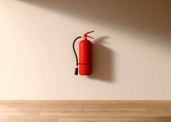 A fire extinguisher hangs on a white wall