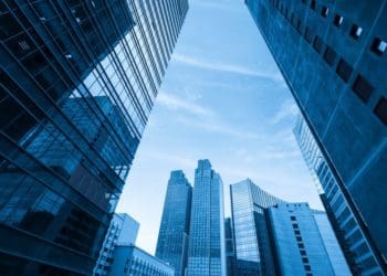 street view of skyscrapers, blue monochromatic