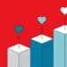 graph with blue bars trending upward with hearts on red background