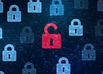 red, open padlock among blue, closed padlocks on digital background