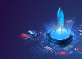 illustration of rocket taking off on blue background with dashboard chart and graphs