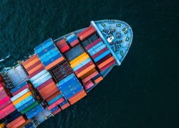 aerial view of shipping containers on cargo ship