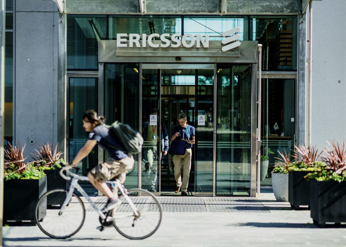 A person leaves the Ericsson head office in Gothenburg.