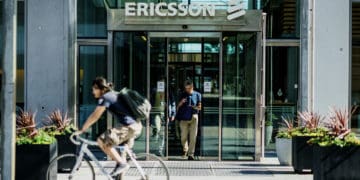 A person leaves the Ericsson head office in Gothenburg.