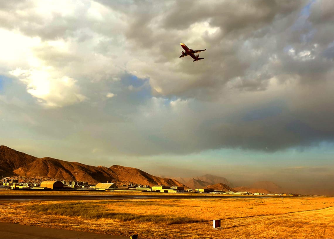 A plane takes off from Hamid Karzai airport in 2019.