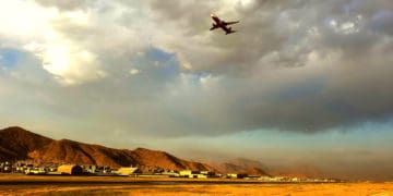A plane takes off from Hamid Karzai airport in 2019.