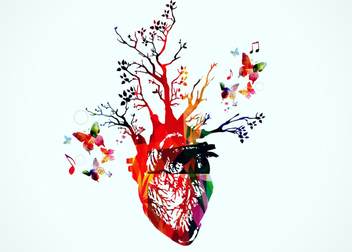 Illustration of anatomical heart is woven with environmental images.