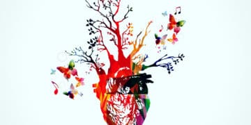 Illustration of anatomical heart is woven with environmental images.