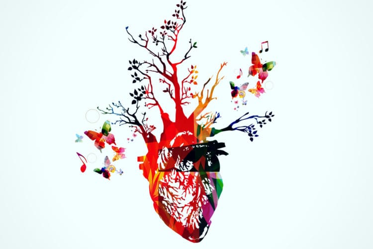 Illustration of anatomical heart is woven with environmental images.