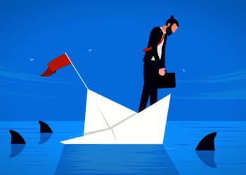 illustration of a man on a sinking paper boat surrounded by sharks