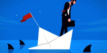 illustration of a man on a sinking paper boat surrounded by sharks