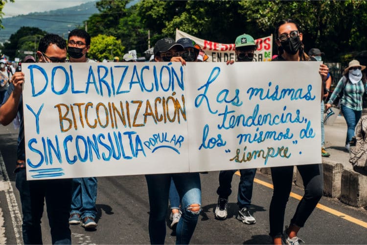 Demonstrators protest Bitcoin adoption in San Salvador in September.