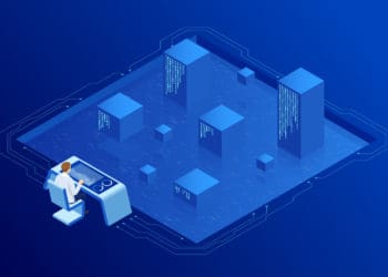 Vector of a cybersecurity worker monitoring servers.