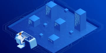 Vector of a cybersecurity worker monitoring servers.