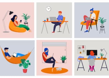 six panels depicting remote work