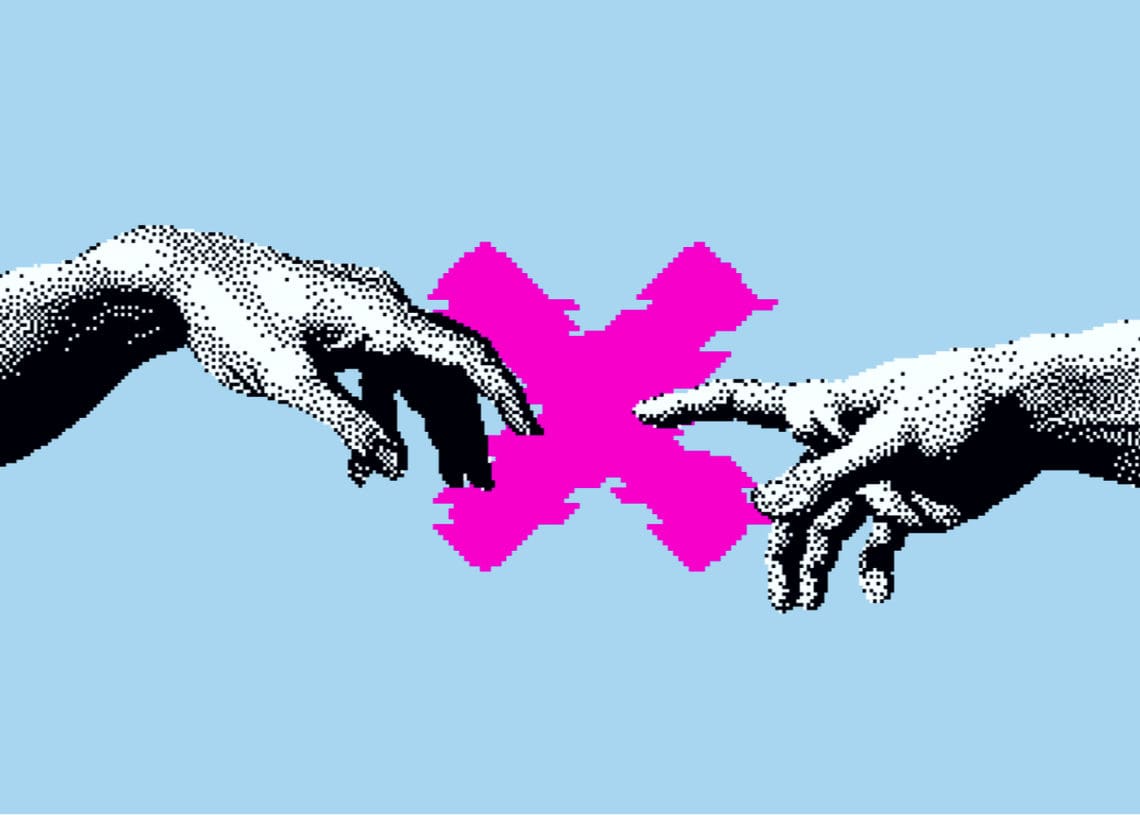 Vector placing an x between Adam's and God's hands in Michelangelo's sistine chapel ceiling