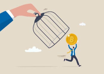 Illustration of a large hand trying to place a cage over bitcoin, which another character is running away with.