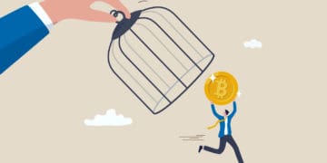 Illustration of a large hand trying to place a cage over bitcoin, which another character is running away with.