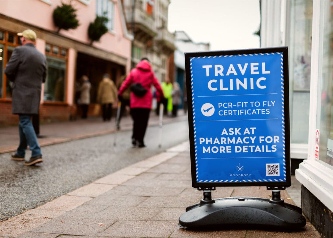 A sign advertises covid testing in Suffolk, UK