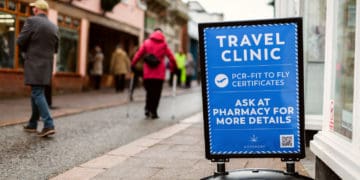 A sign advertises covid testing in Suffolk, UK