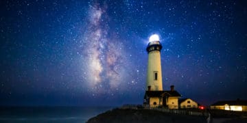 lighthouse shines out at ocean at night under milk way