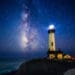 lighthouse shines out at ocean at night under milk way