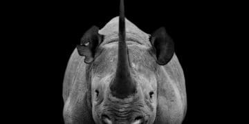 A rhino (symbol of risk) sits in profile in black and white.