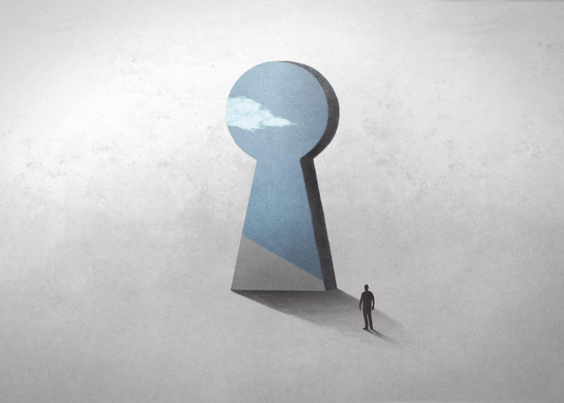 Illustration of small figure walking through a keyhole.