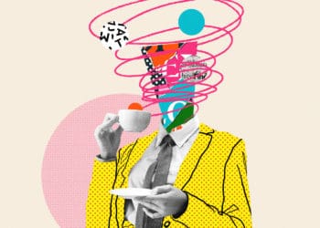 Collage illustration of a professional drinking a cup of coffee