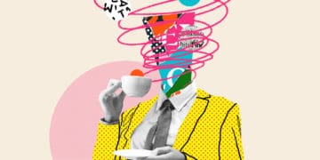 Collage illustration of a professional drinking a cup of coffee