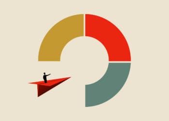 a man sails into an infographic on a paper airplane