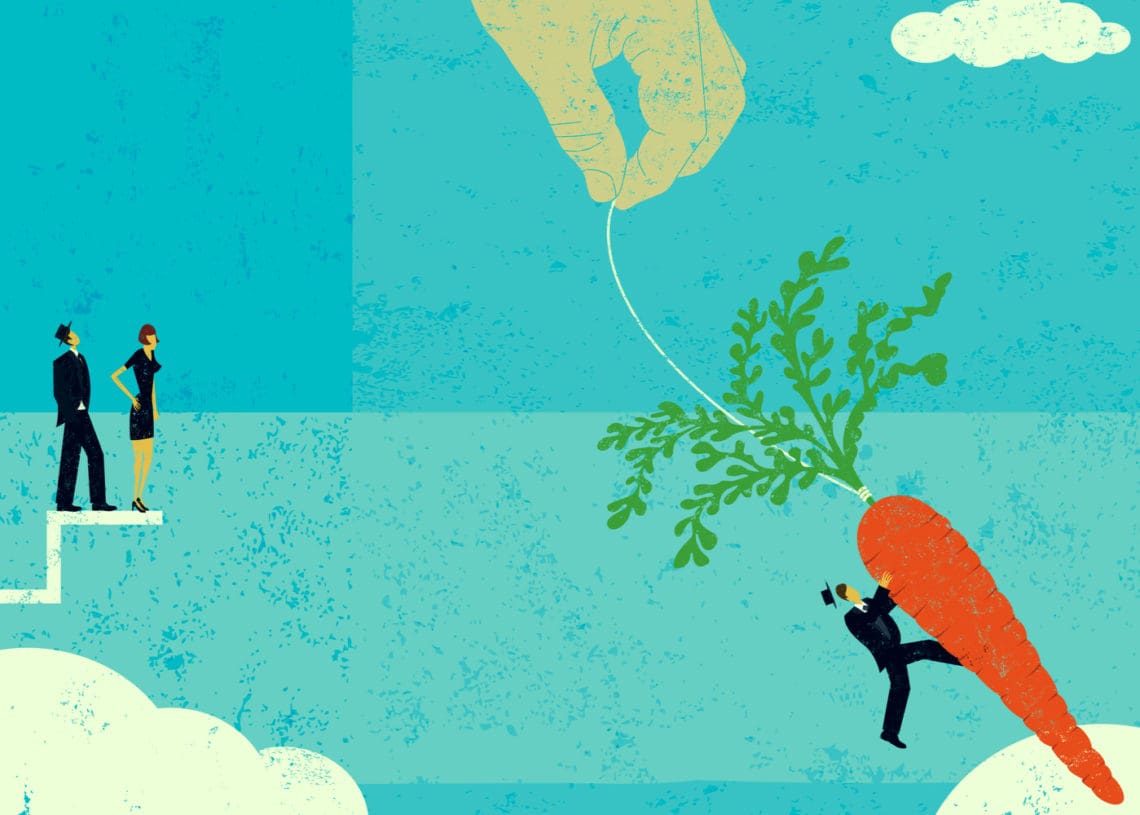 Illustration of business man jumping for a suspended carrot