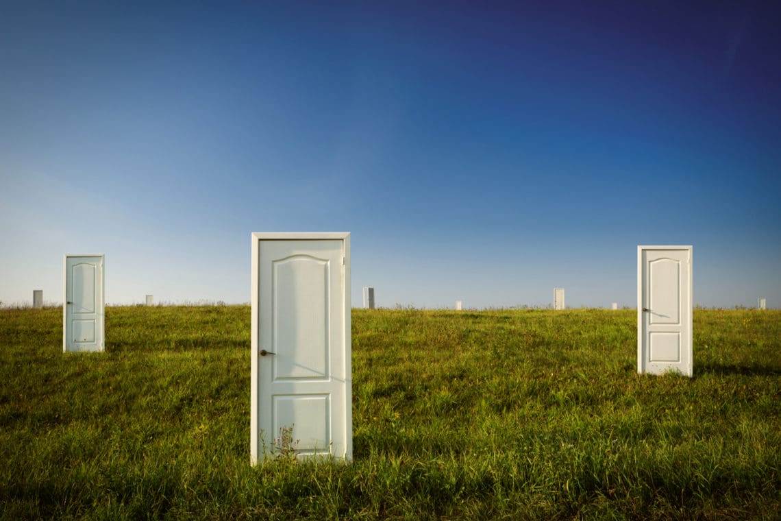 numerous doors stand in a field
