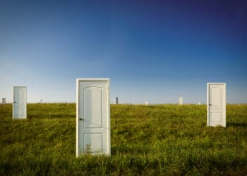numerous doors stand in a field