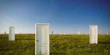 numerous doors stand in a field