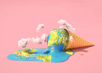 The earth is a scoop of ice cream, melting in a fallen cone on the ground.