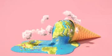 The earth is a scoop of ice cream, melting in a fallen cone on the ground.