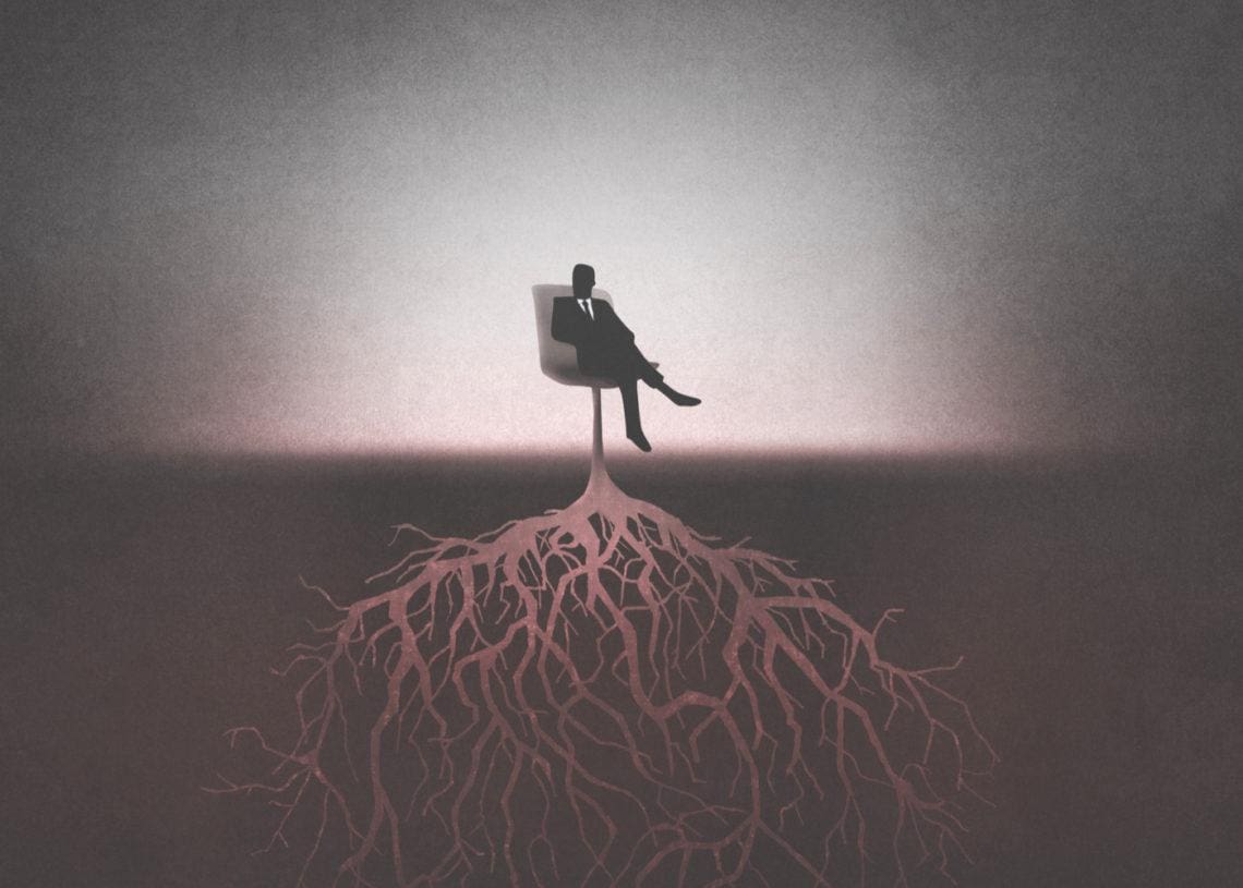 Roots extend from the office chair in which a shadowy man sits.