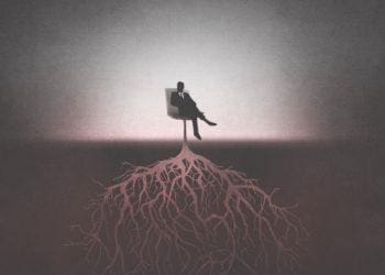 Roots extend from the office chair in which a shadowy man sits.