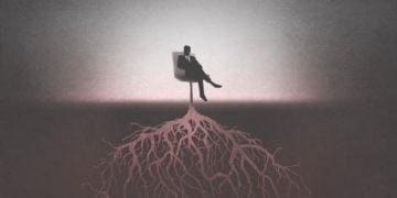 Roots extend from the office chair in which a shadowy man sits.