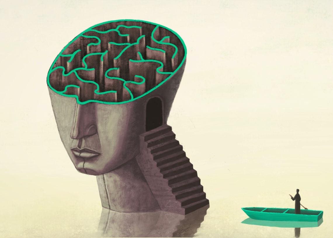 A person canoes into a brain maze.