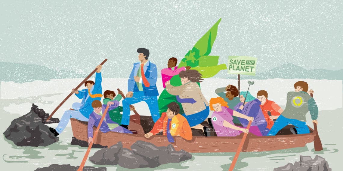 illustration of ESG stakeholders in the style of Crossing the Delaware