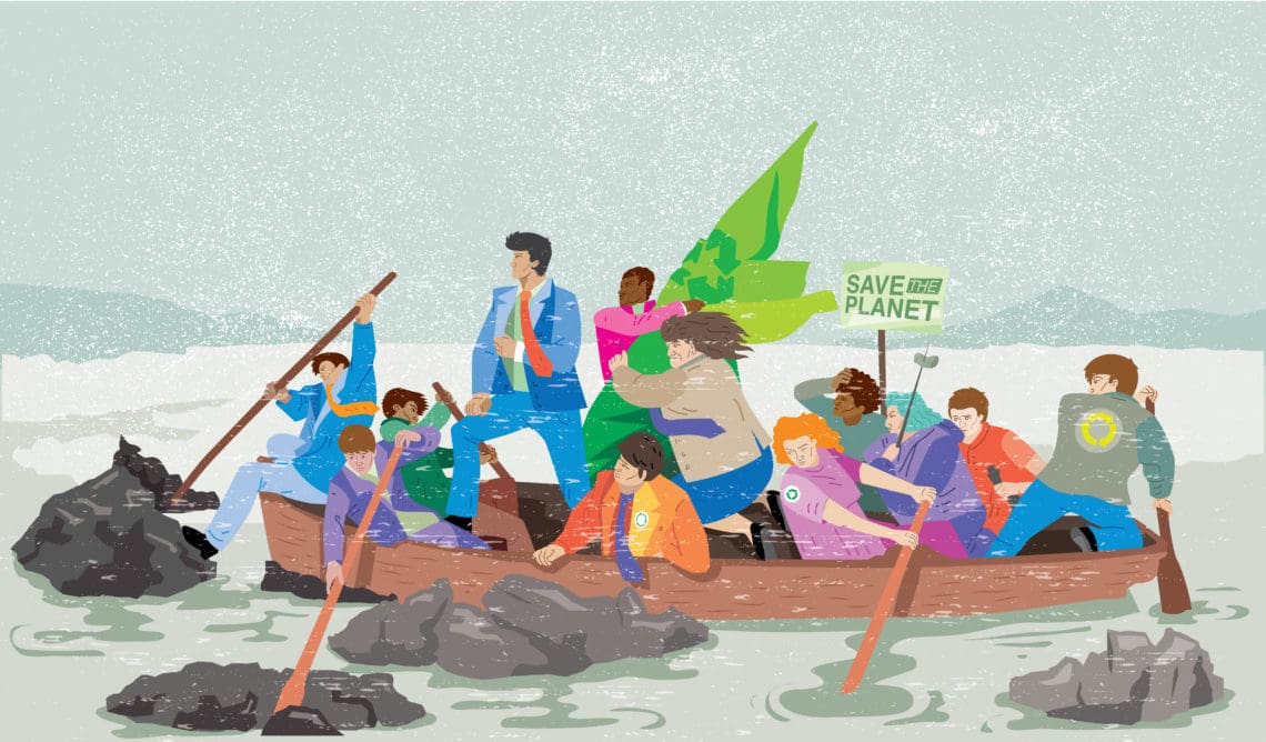 illustration of ESG stakeholders in the style of Crossing the Delaware