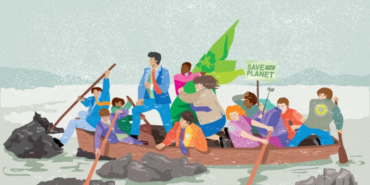 illustration of ESG stakeholders in the style of Crossing the Delaware