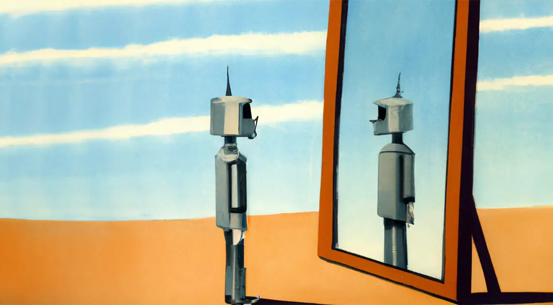 DALL·E 2023-02-16 13.18.43 - magritte style painting of robot looking into mirror