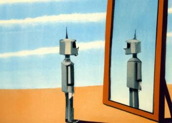 DALL·E 2023-02-16 13.18.43 - magritte style painting of robot looking into mirror