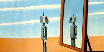DALL·E 2023-02-16 13.18.43 - magritte style painting of robot looking into mirror