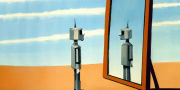 DALL·E 2023-02-16 13.18.43 - magritte style painting of robot looking into mirror